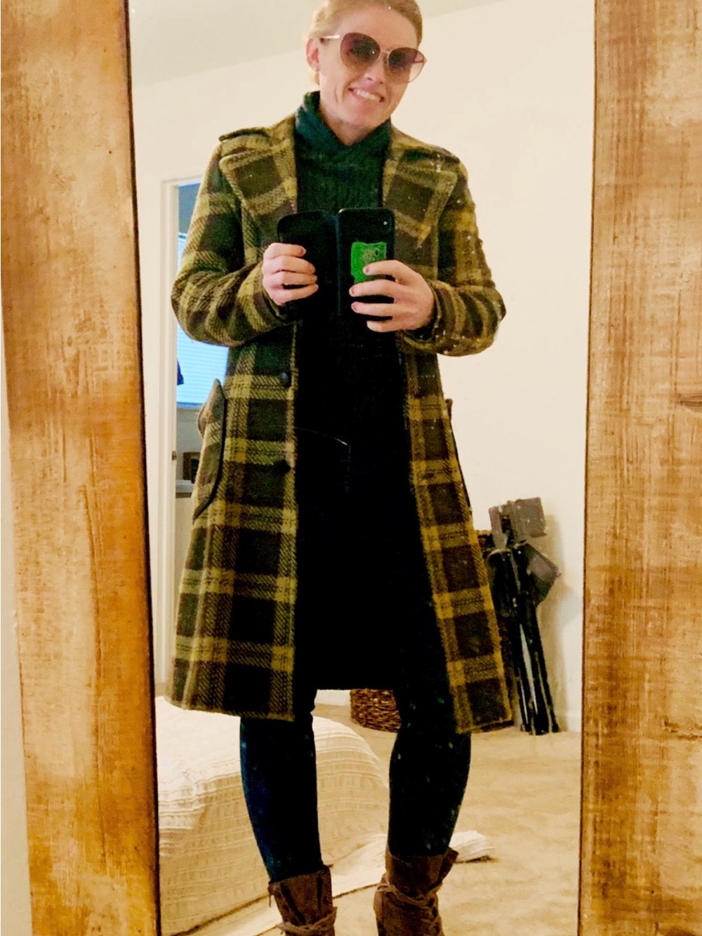 RARE Vintage MNG Casual Sportswear plaid Wool Coat—Green/Yellow check 8UK/4US